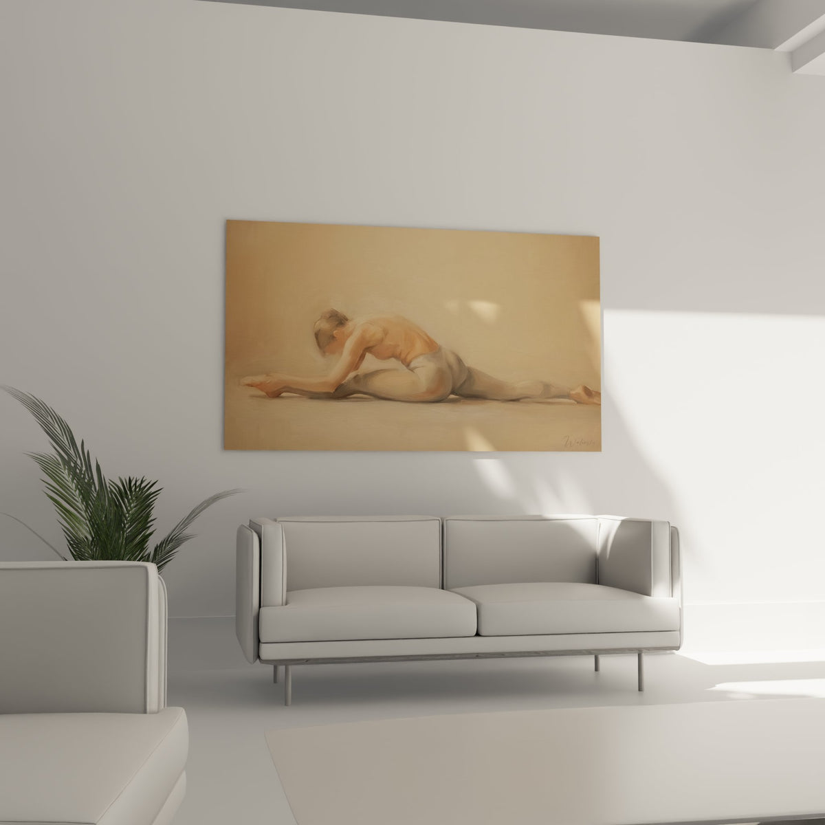 Détail rapproché du tableau montrant la technique picturale floue de la posture de yoga