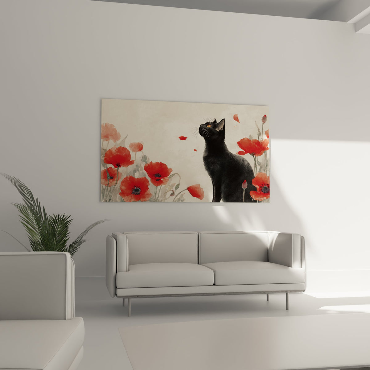 Détail du tableau montrant les yeux dorés du chat noir et les pétales de coquelicots