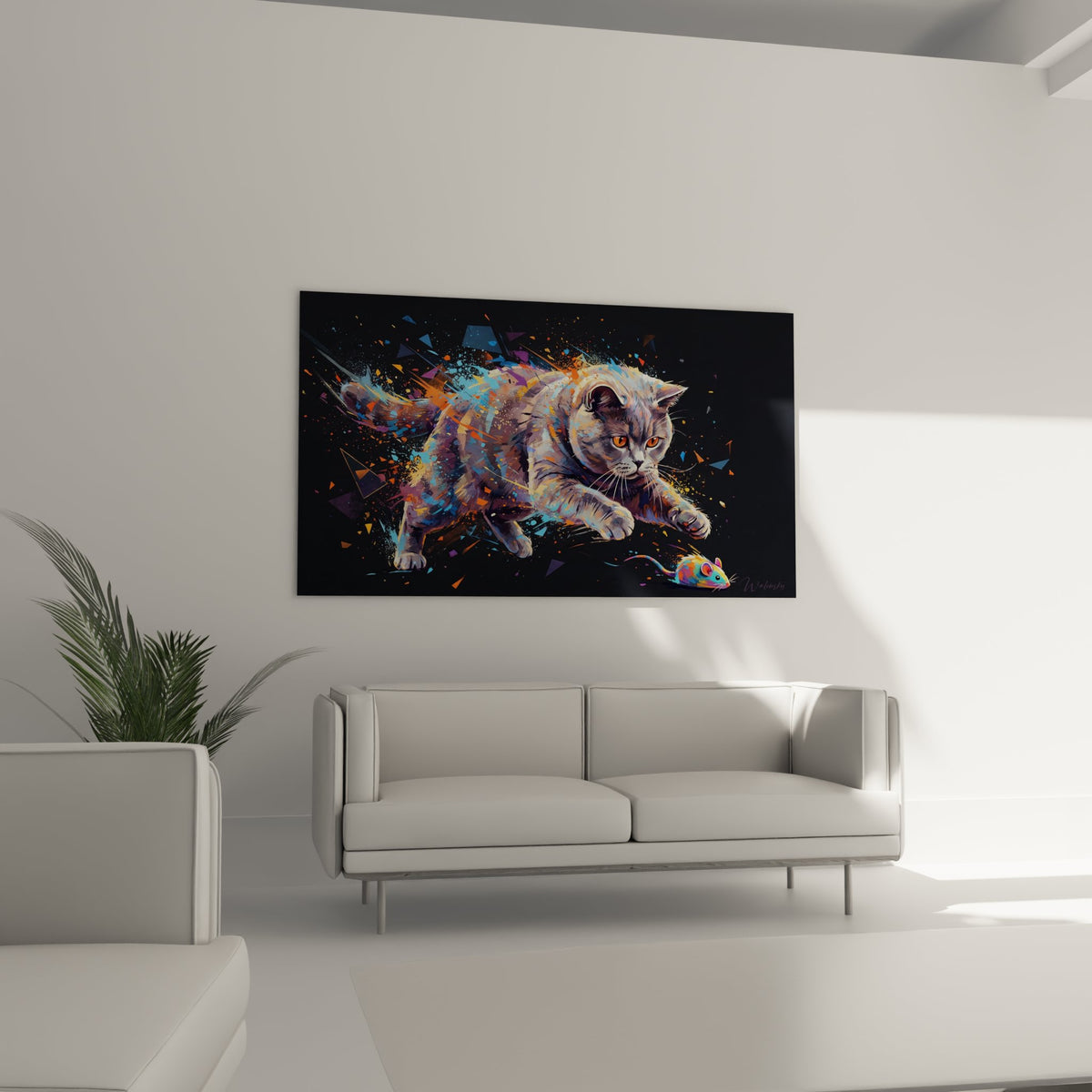 Gros plan tableau chat British shorthair yeux cuivres avec fragments artistiques colores style digital moderne