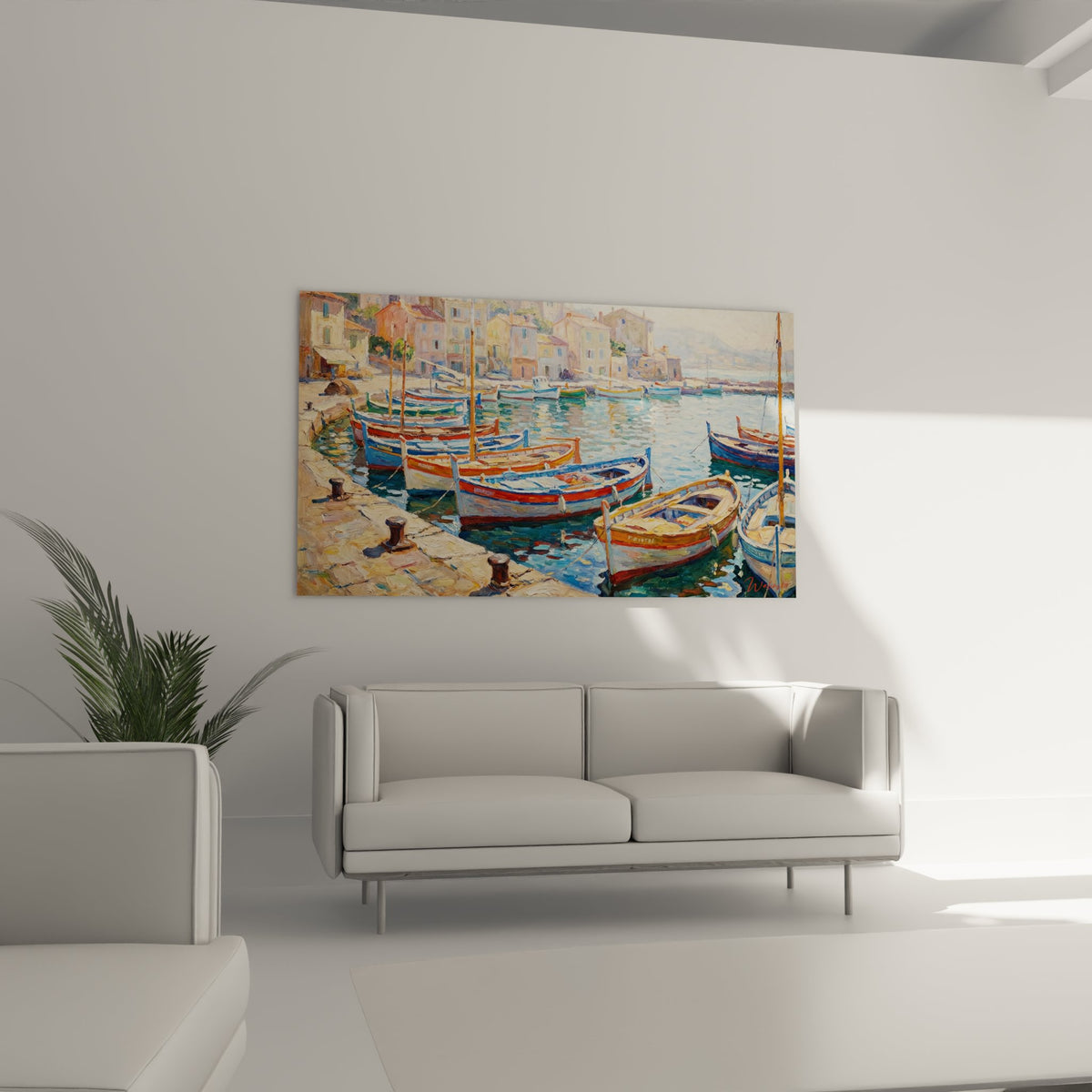 Détail tableau barques de pêche colorées dans port méditerranéen, peinture style impressionniste provençal
