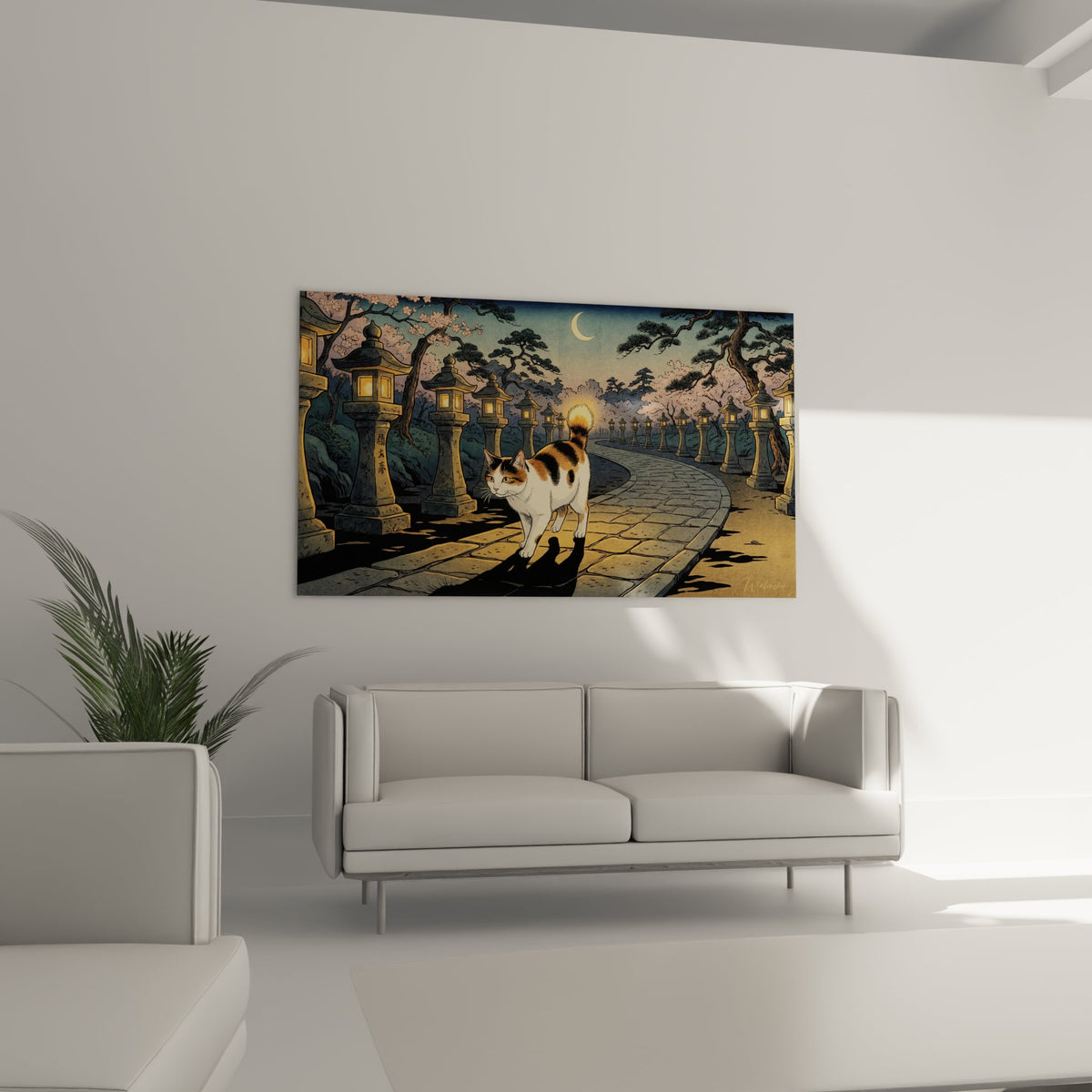Detail chat Japanese Bobtail pelage tricolore queue courte sur chemin pave temple lanternes pierre