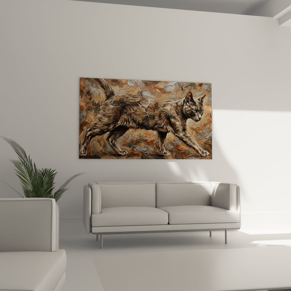 Détail du tableau montrant la texture du pelage tigré du chat sauvage et des rochers environnants