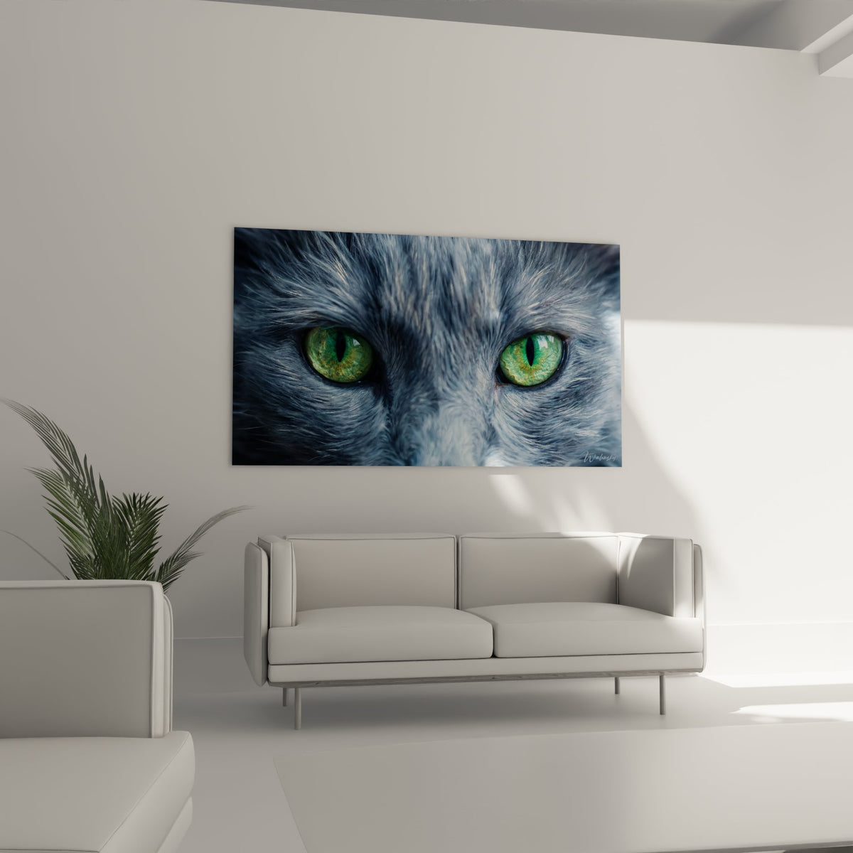 Detail artistique yeux emeraude chat Nebelung avec reflets lumineux et pupilles expressives hyperrealistes