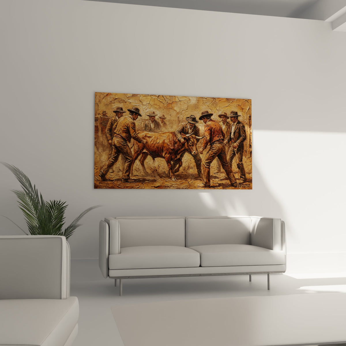 Detail peinture gardians Camargue taureau marquage tradition palette ocre beige