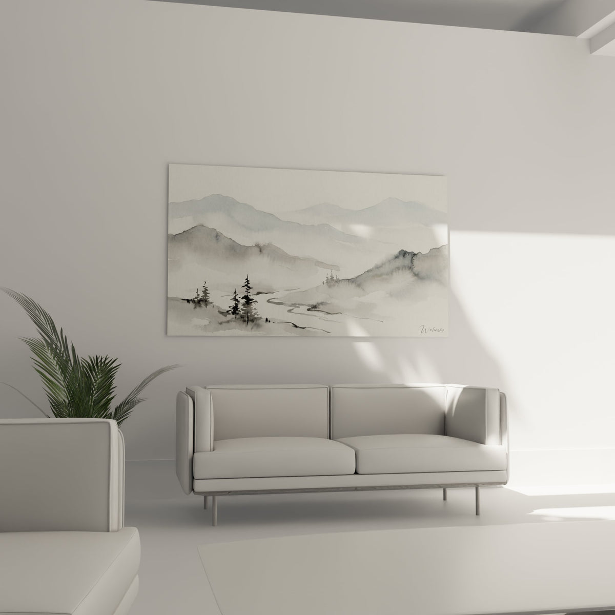 Detail aquarelle montagne brumes technique peinture eau degrades gris blanc coniferes