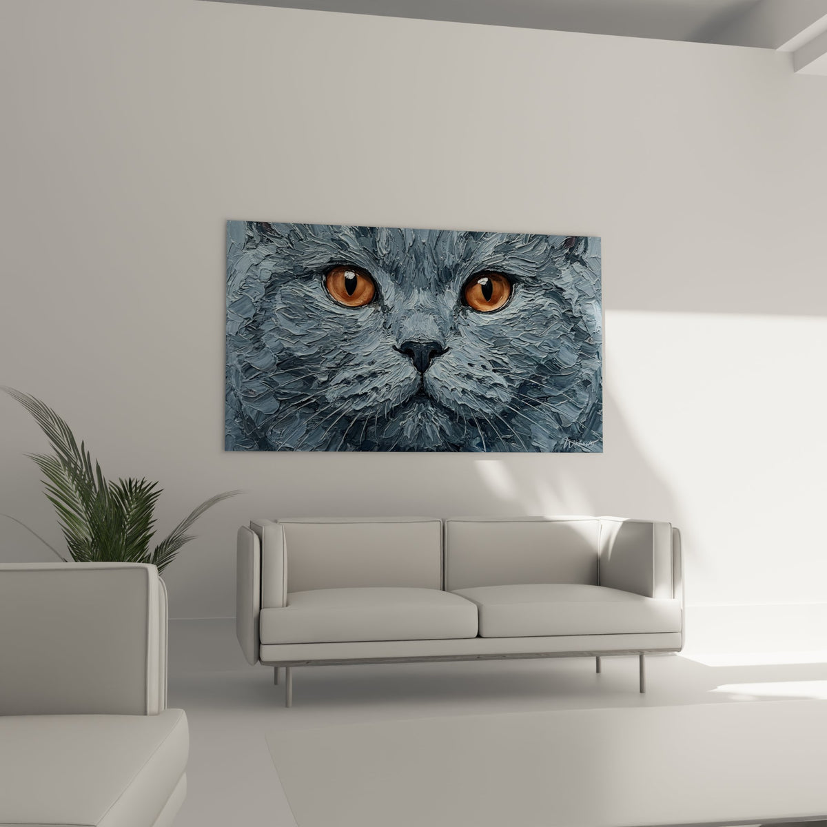 Détail peinture chat British Shorthair, texture impasto, regard intense yeux ambrés, art réaliste
