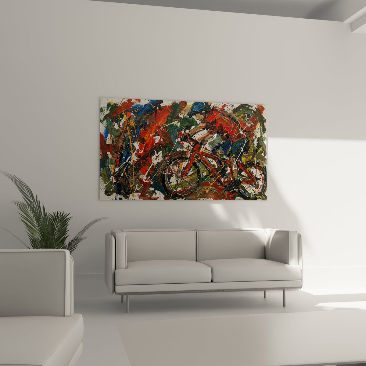 Detail tableau VTT abstrait, texture peinture coloree rouge bleu vert, art moderne expressionniste sport