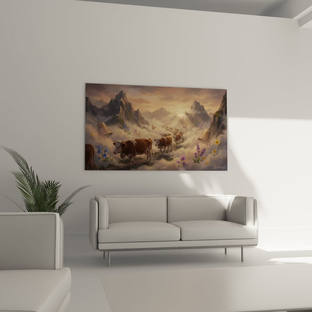 Detail tableau vaches savoyardes avec cloches traditionnelles et fleurs alpines multicolores