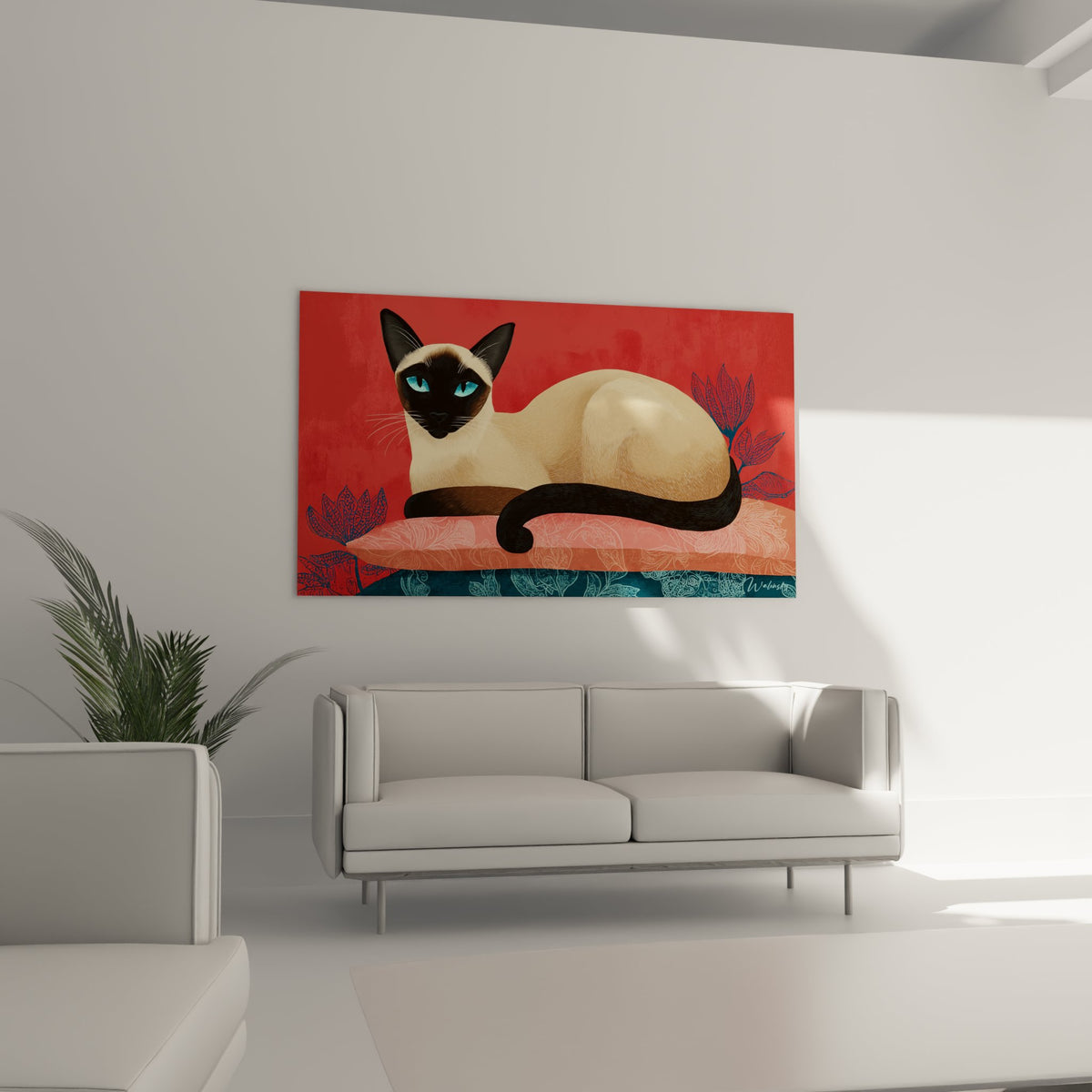 Gros plan sur chat siamois du tableau montrant les détails des yeux bleus et motifs floraux