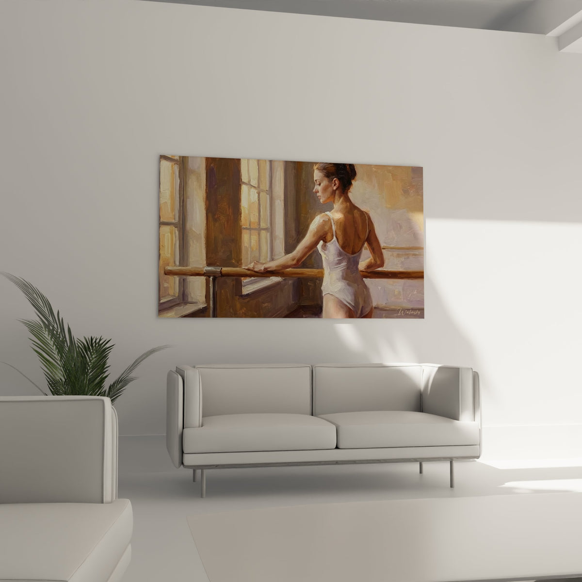 Détail tableau danseuse barre, technique picturale réaliste, jeu lumière ombres studio ballet