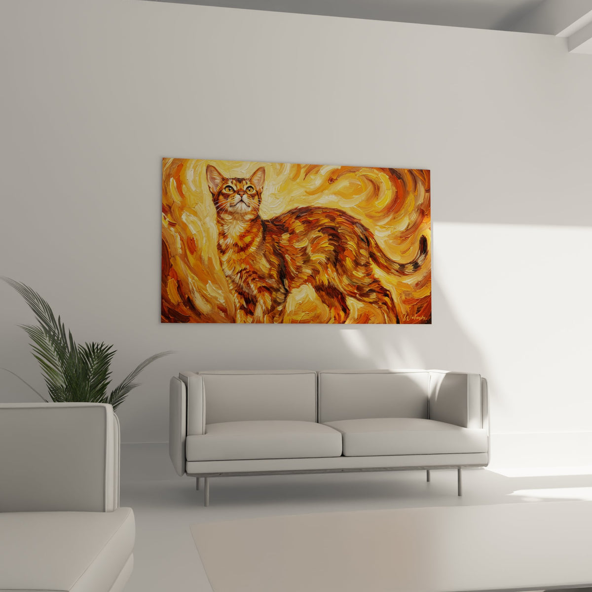 Détail gros plan tableau chat Abyssin yeux verts pelage cuivré texture peinture tourbillonnante dorée