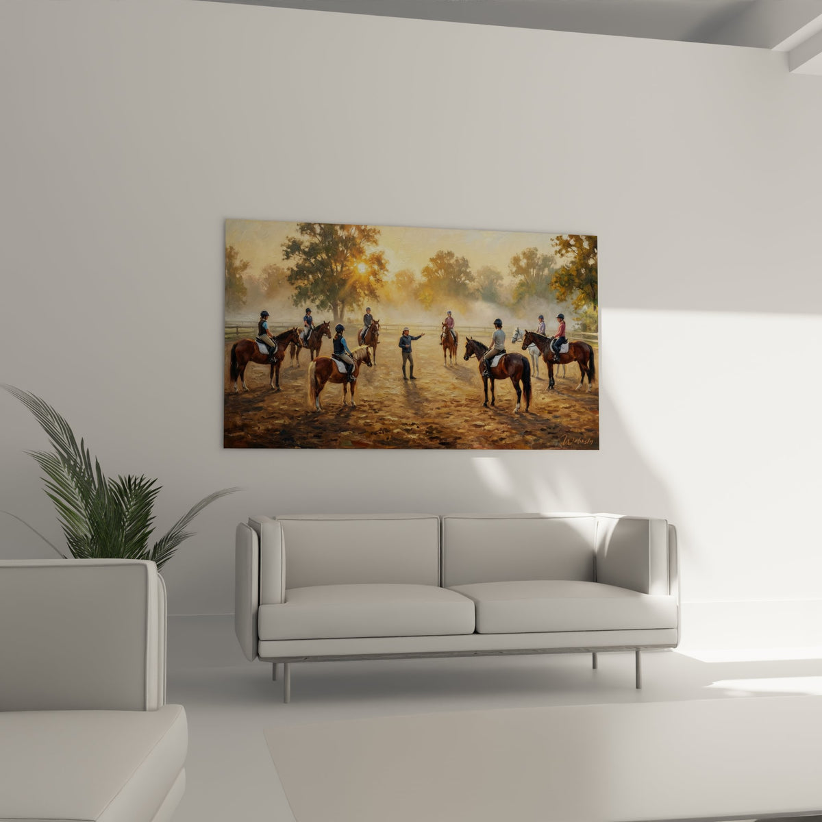 Détail du tableau équestre montrant cavaliers en tenue traditionnelle et chevaux dressés dans manège brumeux