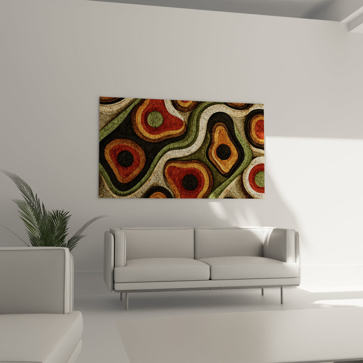 Détail texture craquelée tableau africain formes organiques alvéolaires ocre rouge vert finition vieillie