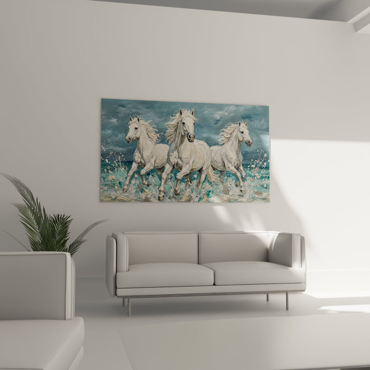 Détail peinture chevaux blancs crinières au vent - Qualité artistique Edition Camargue