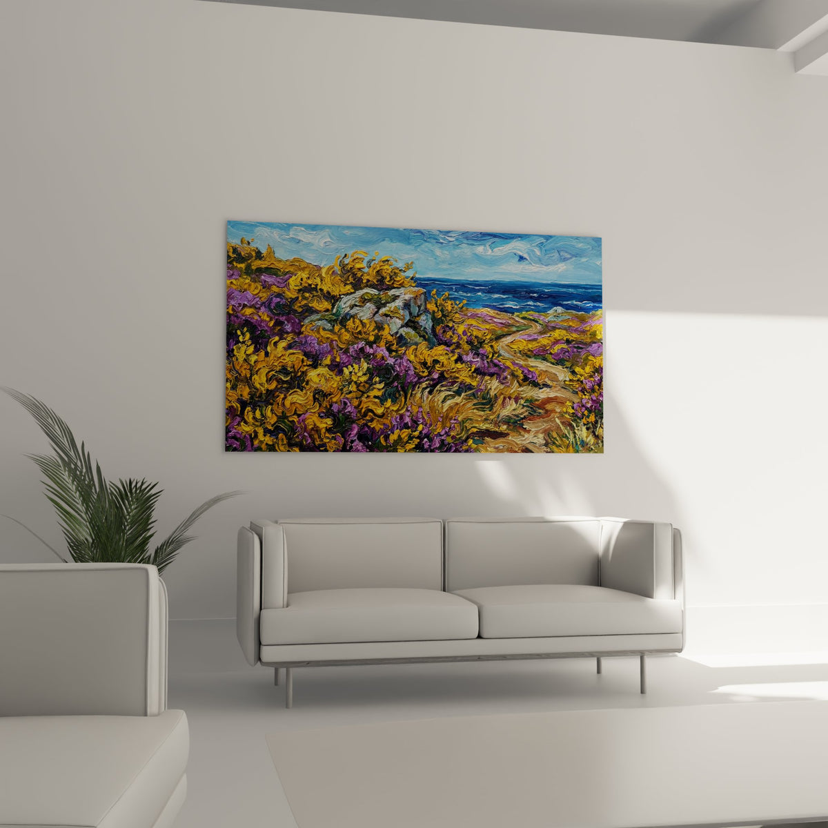 Detail peinture landes bretonnes technique empâtement ajoncs dores bruyeres violettes rochers granitiques expressifs