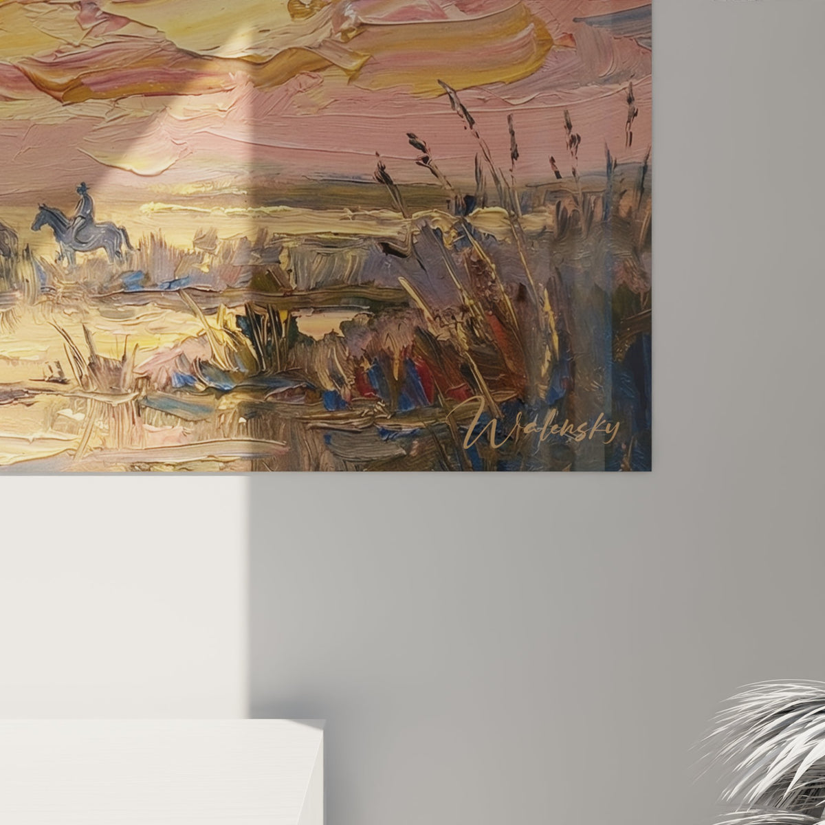 Vue ensemble tableau Camargue chevaux sauvages, paysage provencal crépuscule lune croissant vegetation authentique