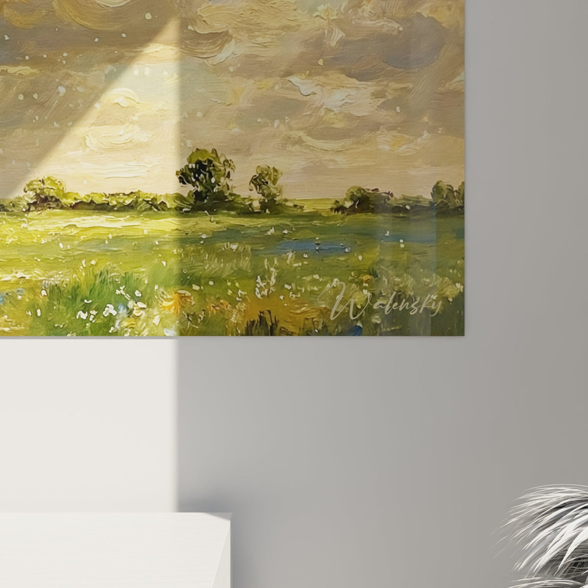 Vue ensemble tableau paysage normandie ciel dramatique prairie verte decoration interieure