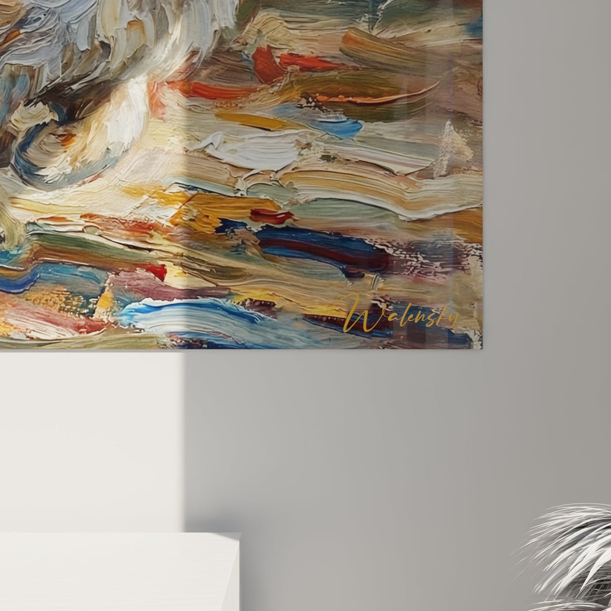 Vue d'ensemble tableau mural chat persan tourbillonnant dans salon moderne avec éclairage d'ambiance