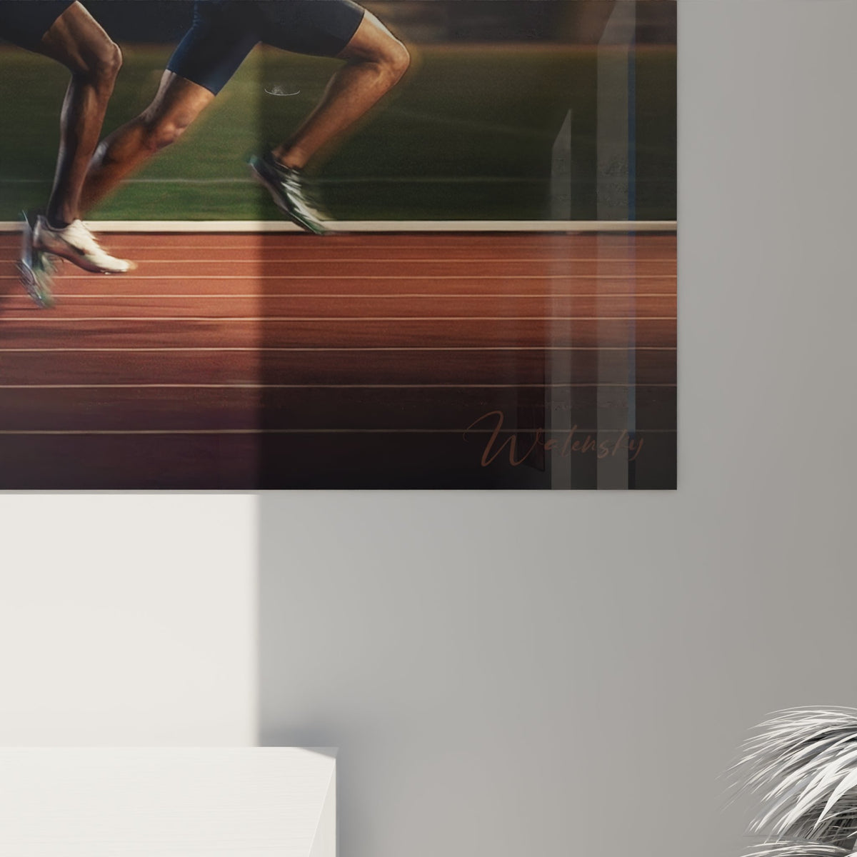 Vue d'ensemble tableau mural coureurs athlétisme avec traînées colorées dans intérieur contemporain