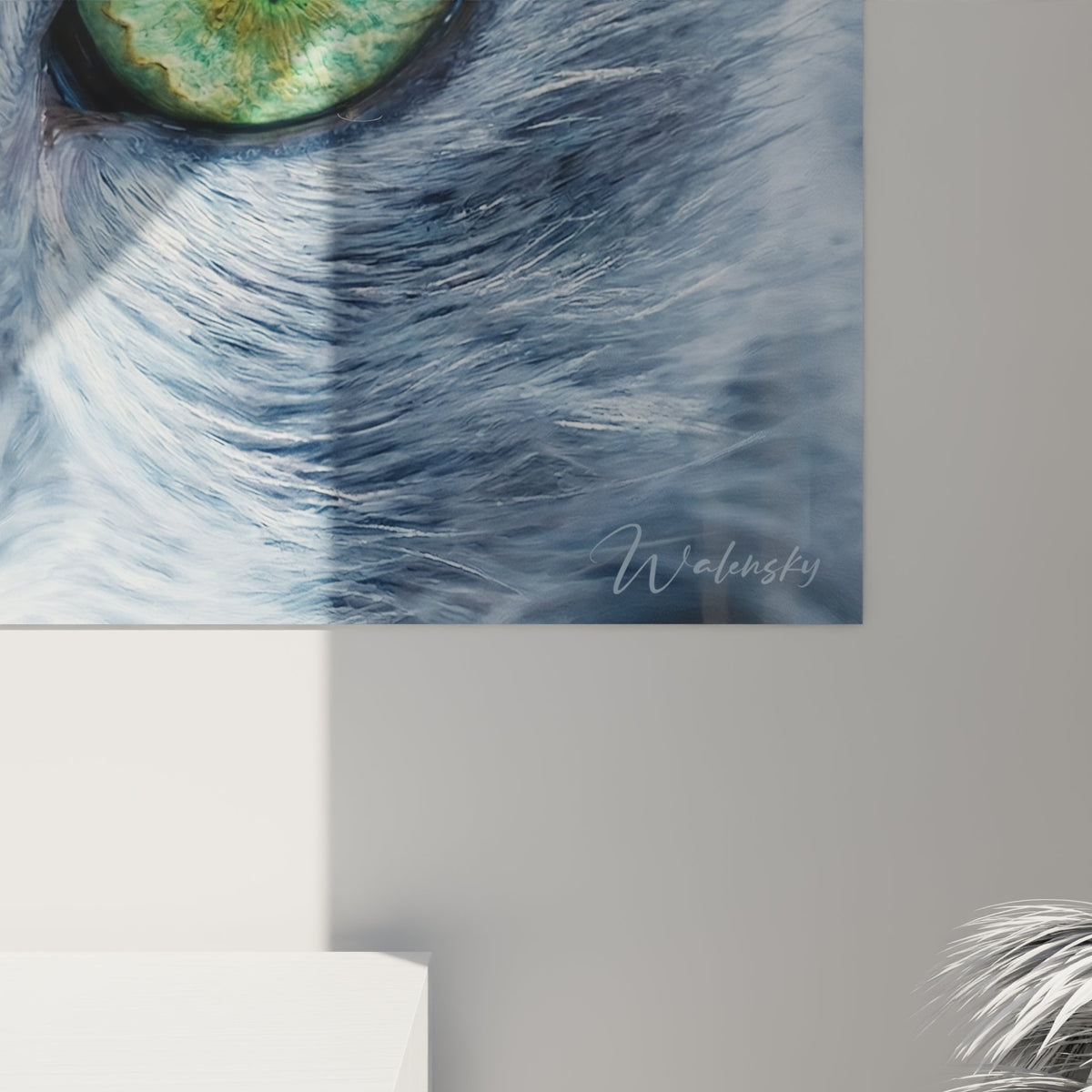 Vue d'ensemble tableau chat Nebelung accroche au mur salon moderne decoration art felin contemporain