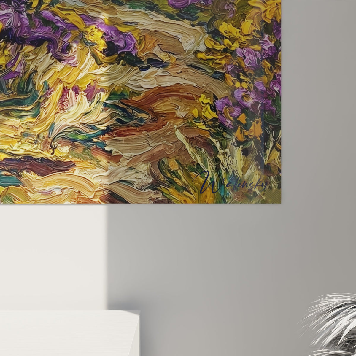 Vue ensemble tableau mural landes cotieres bretagne salon decoration ajoncs fleurs jaunes bruyere ocean bleu
