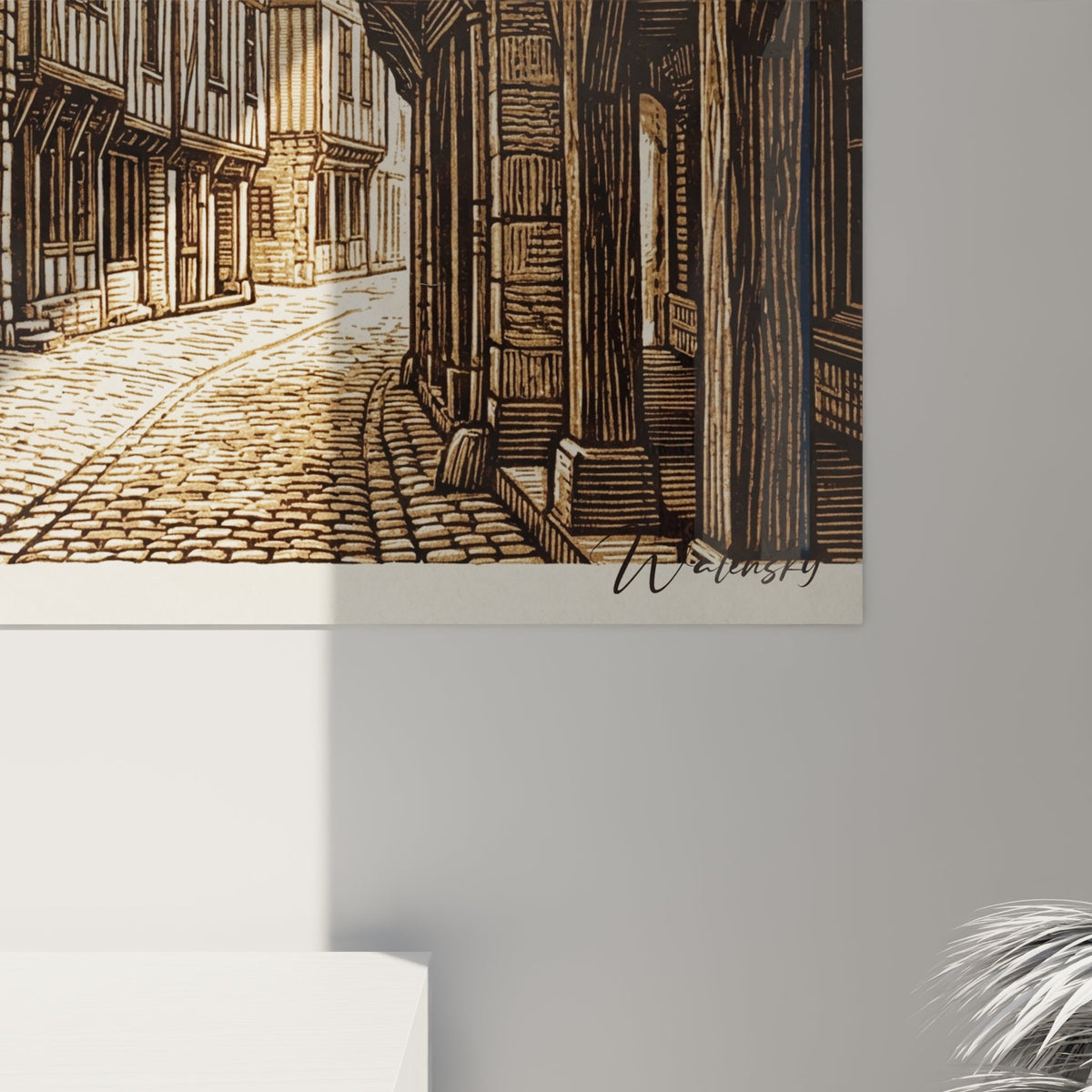 Vue d'ensemble du tableau rue médiévale bretonne dans un salon avec éclairage d'ambiance chaleureux