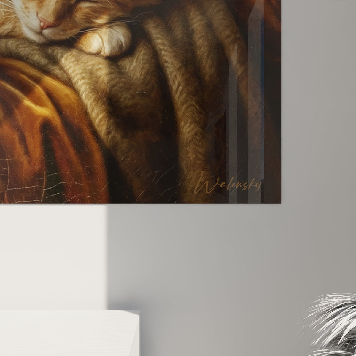 Vue ensemble tableau mural chat Laperm endormi decoration interieure style classique elegant