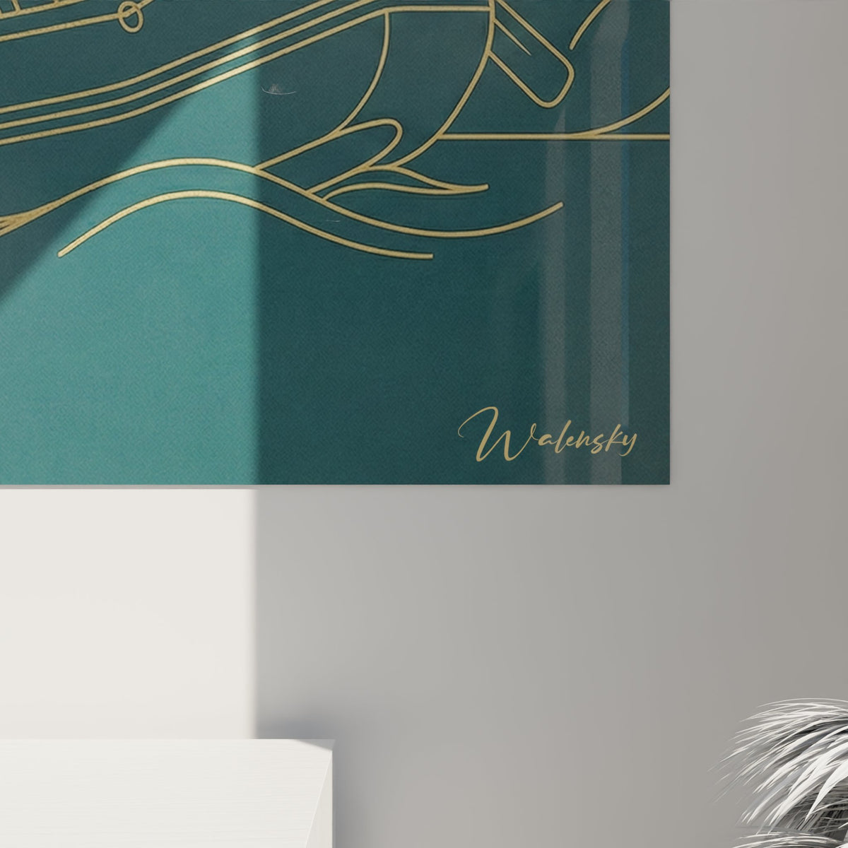 Vue d'ensemble tableau rafting mural - design contemporain doré turquoise décoration intérieur