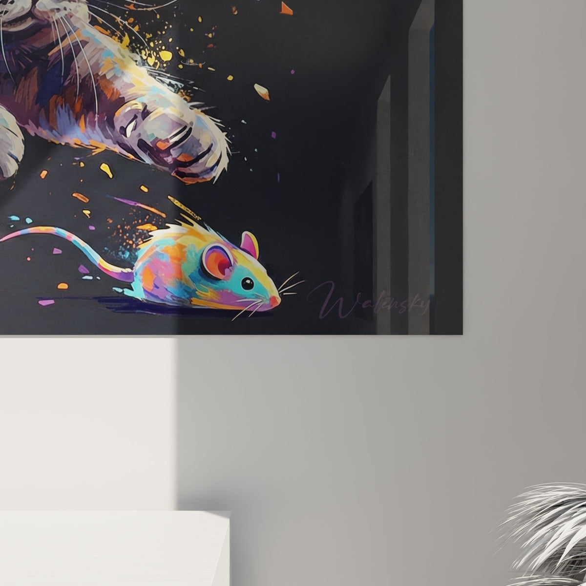 Vue d'ensemble tableau mural chat British shorthair art contemporain avec eclats geometriques multicolores