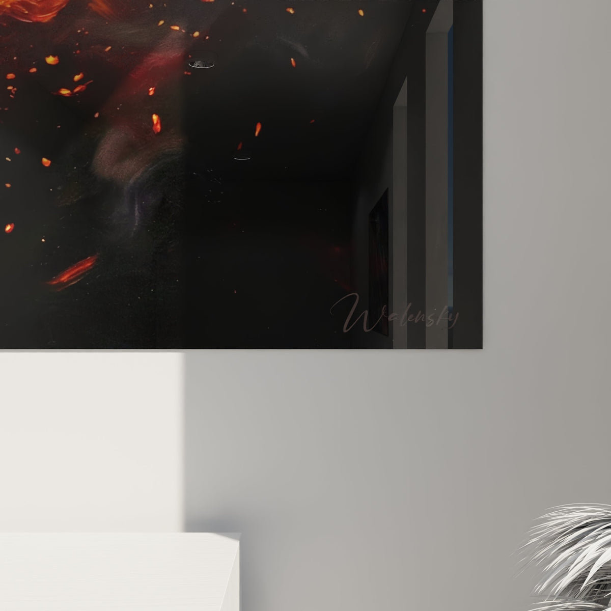 Vue d'ensemble tableau mural karaté flammes dans salon contemporain éclairage ambiance