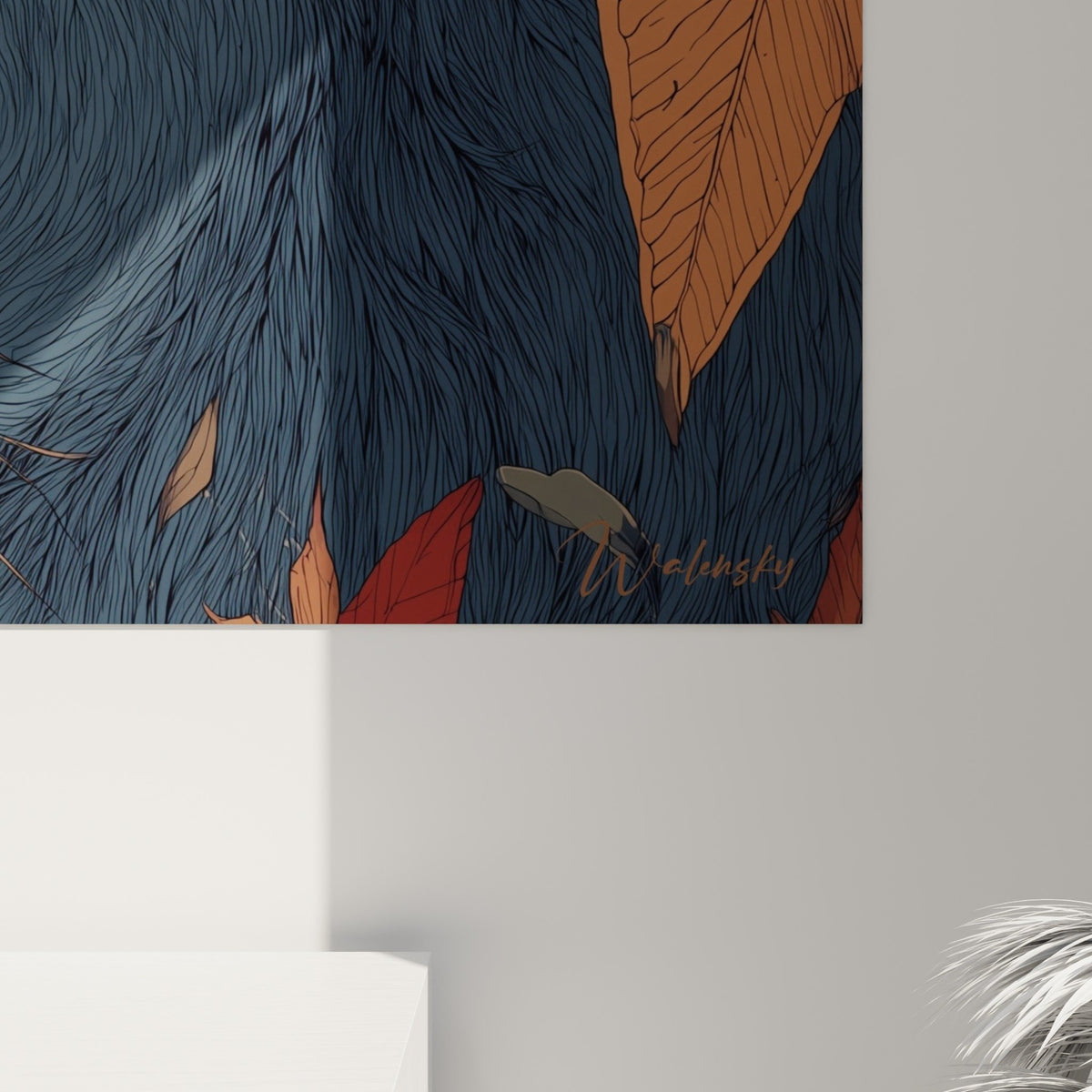 Vue d'ensemble du tableau lion bleu et rouille dans un intérieur moderne avec mobilier design et décoration élégante