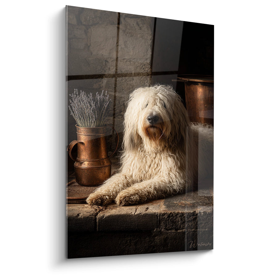 Tableau Chien Blanc Bouclé dans Intérieur Rustique - Sérénité Champêtre - Edition Komondor