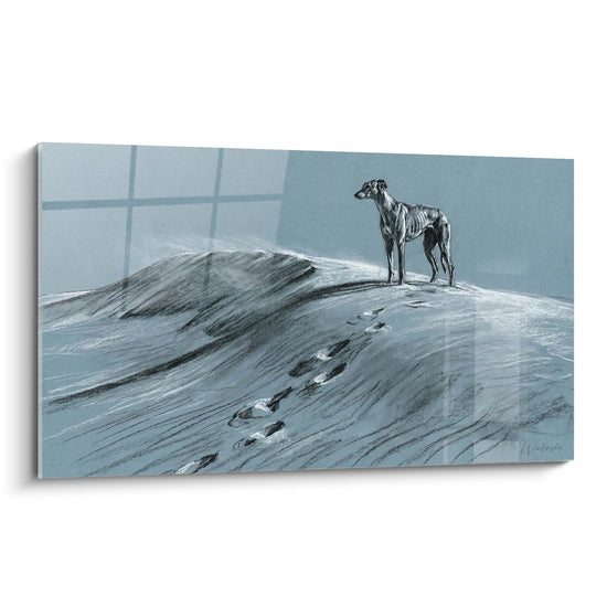 Levrier greyhound majestueux sur dune enneigee tons bleus glaces paysage arctique minimaliste tableau moderne