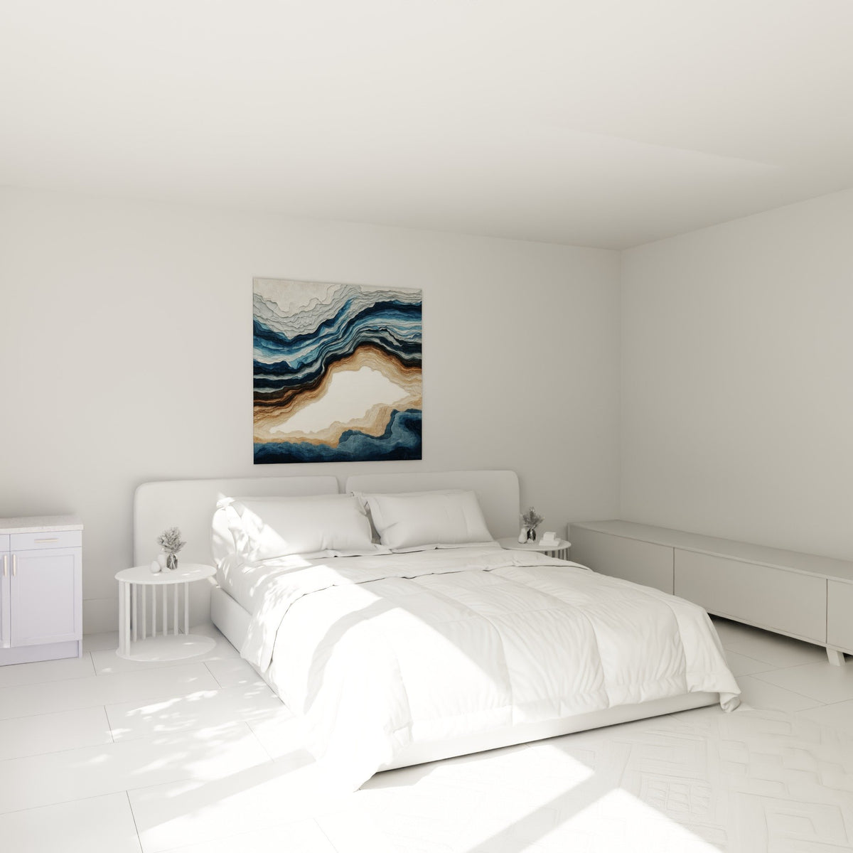 Tableau marbre abstrait bleu marine dans chambre moderne, décoration murale élégante tons naturels