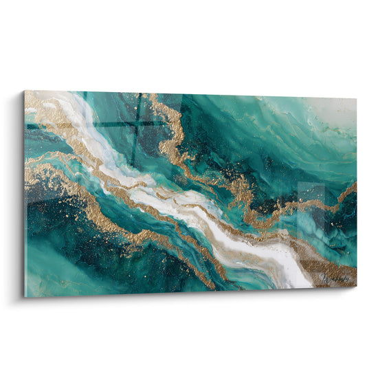 tableau marbre abstrait turquoise et dore aux veines fluides dorées sur fond bleu ocean
