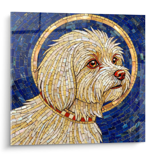 Mosaique bichon maltais aureole doree fond bleu byzantin portrait artistique tesselles