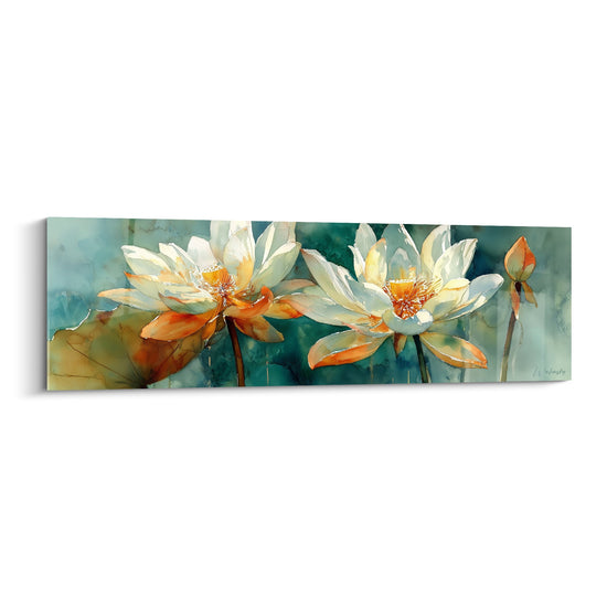 Tableau Nénuphars blancs et orange sur fond turquoise aquarelle - Sérénité Aquatique - Edition Nénuphare