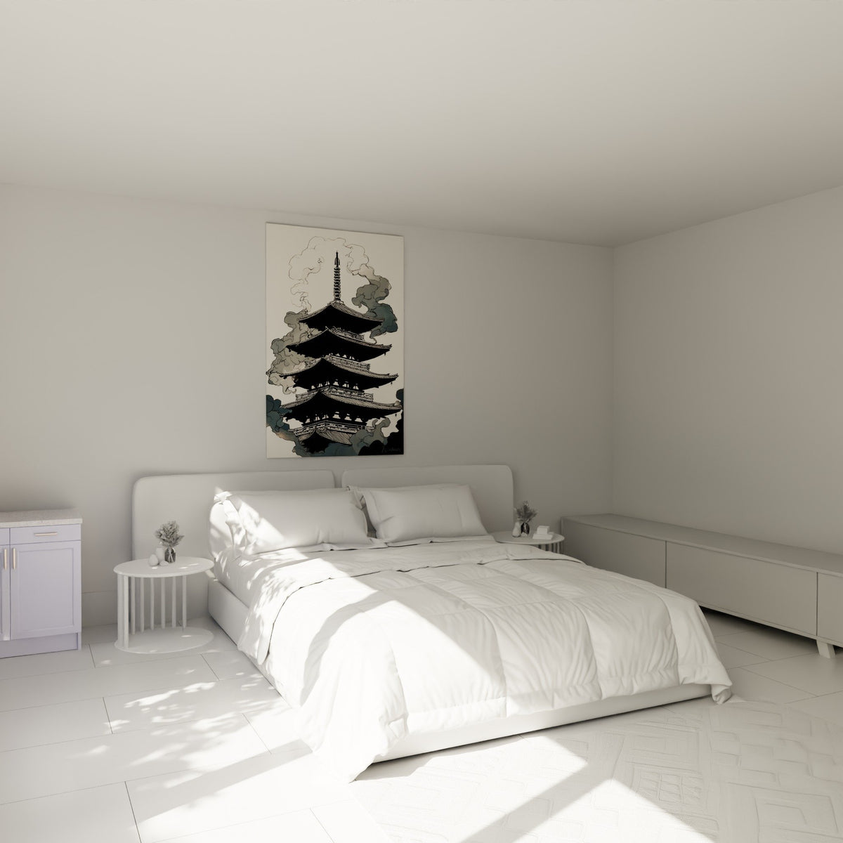 Pagode traditionnelle nuages gris décoration murale chambre zen ambiance apaisante noir blanc