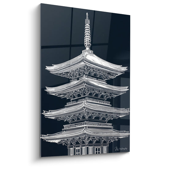 tableau pagode japonaise dessin blanc fond bleu marine architecture traditionnelle cinq etages