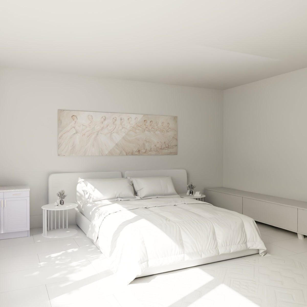 Decoration murale ballerines tutu blanc accrochee dans une chambre aux tons neutres