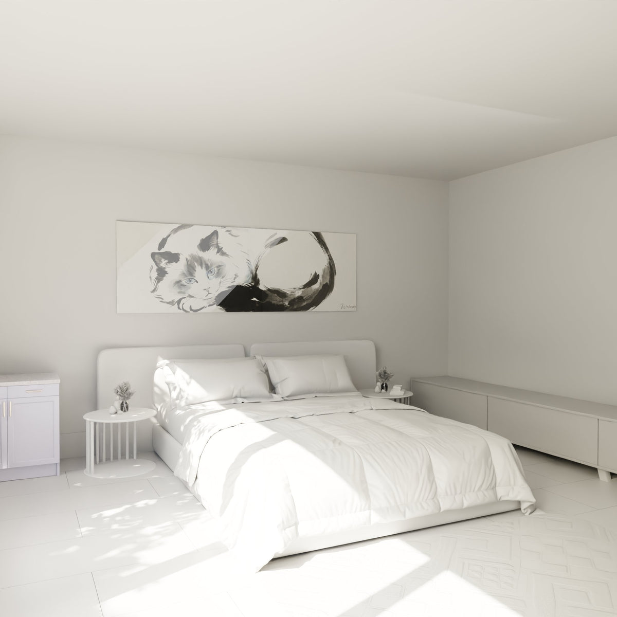 Decoration murale chat Ragdoll aquarelle dans chambre moderne, ambiance cosy et elegante