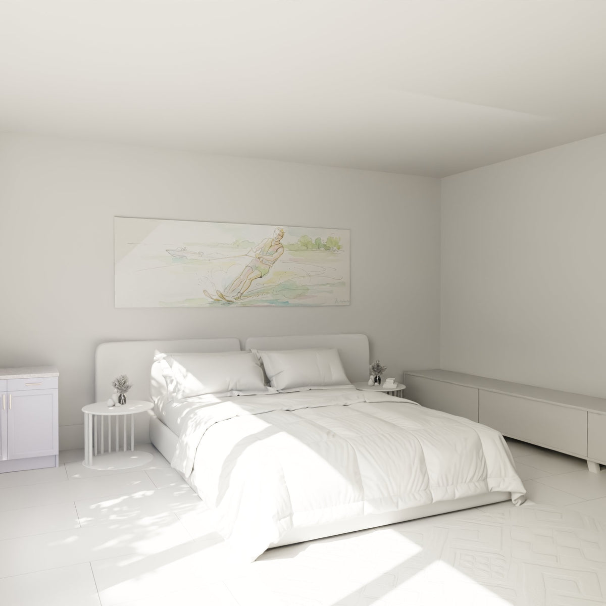 Decoration murale ski nautique dans chambre moderne avec ambiance aquatique apaisante