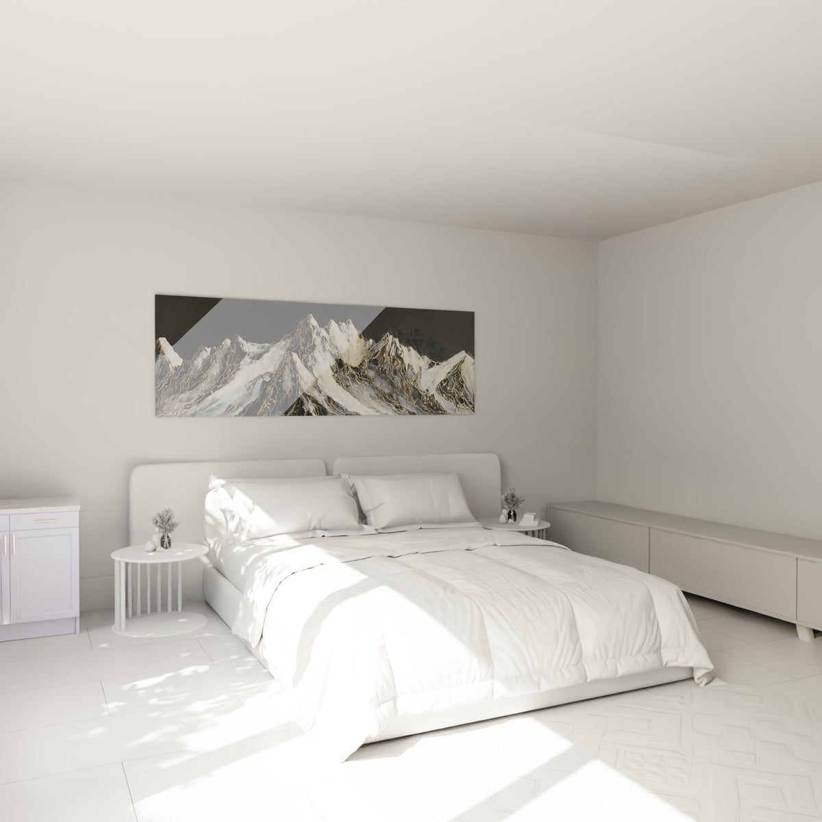 Décoration murale montagne panoramique au-dessus d'un lit dans chambre contemporaine
