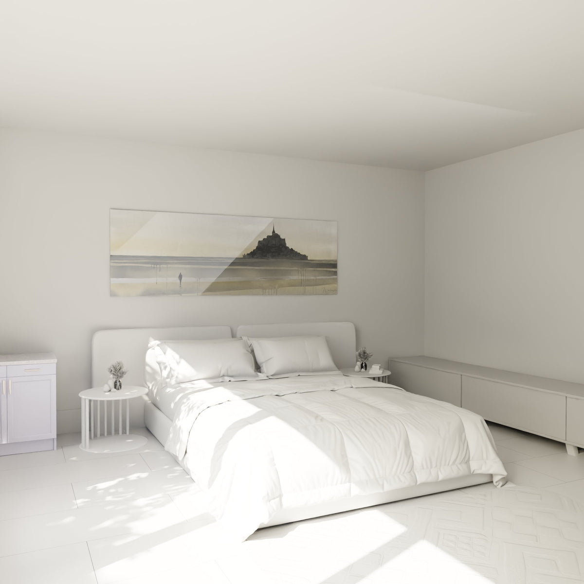 Decoration murale Mont-Saint-Michel dans chambre moderne ambiance sereine paysage normand