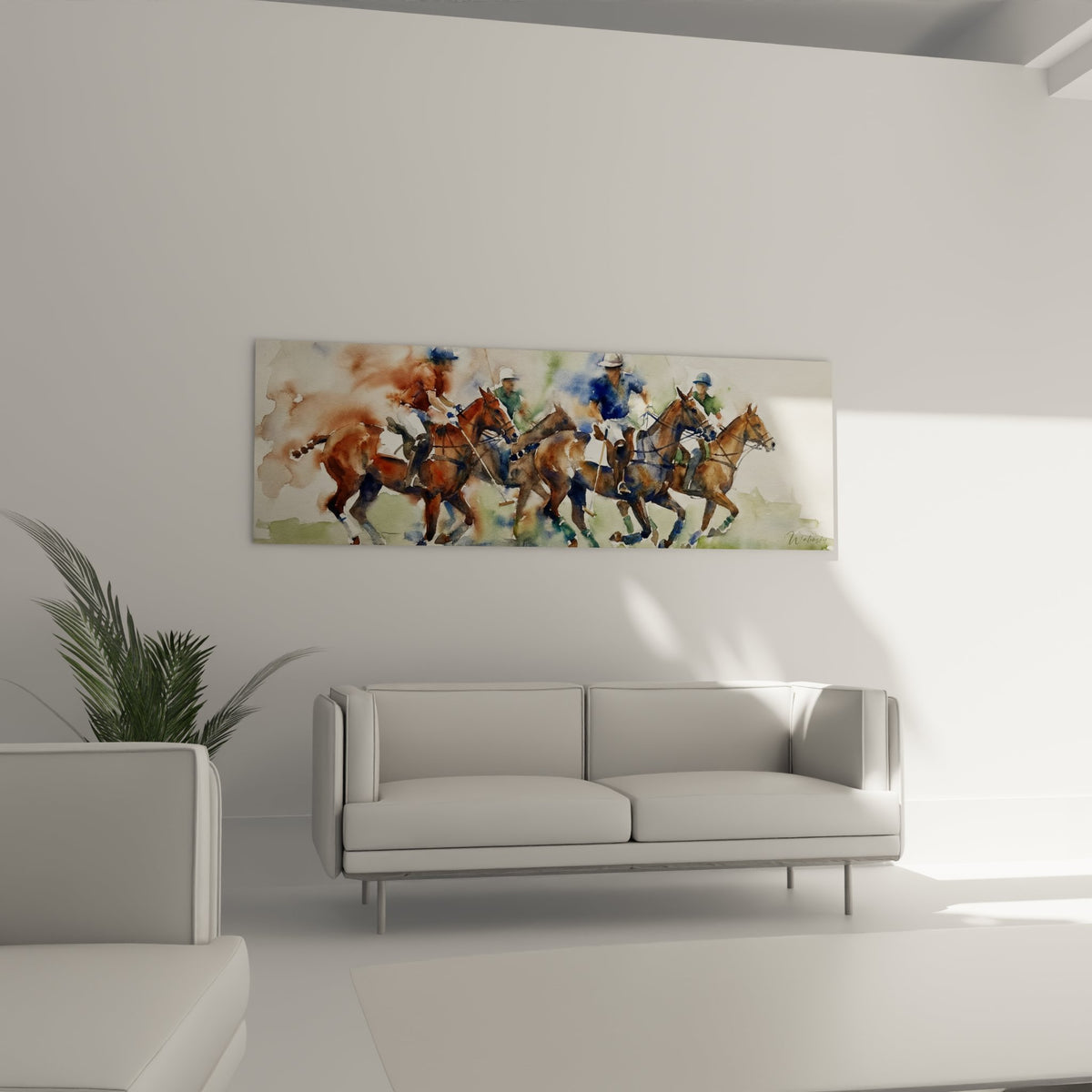 Détail aquarelle polo montrant la technique picturale et les nuances de couleurs des cavaliers