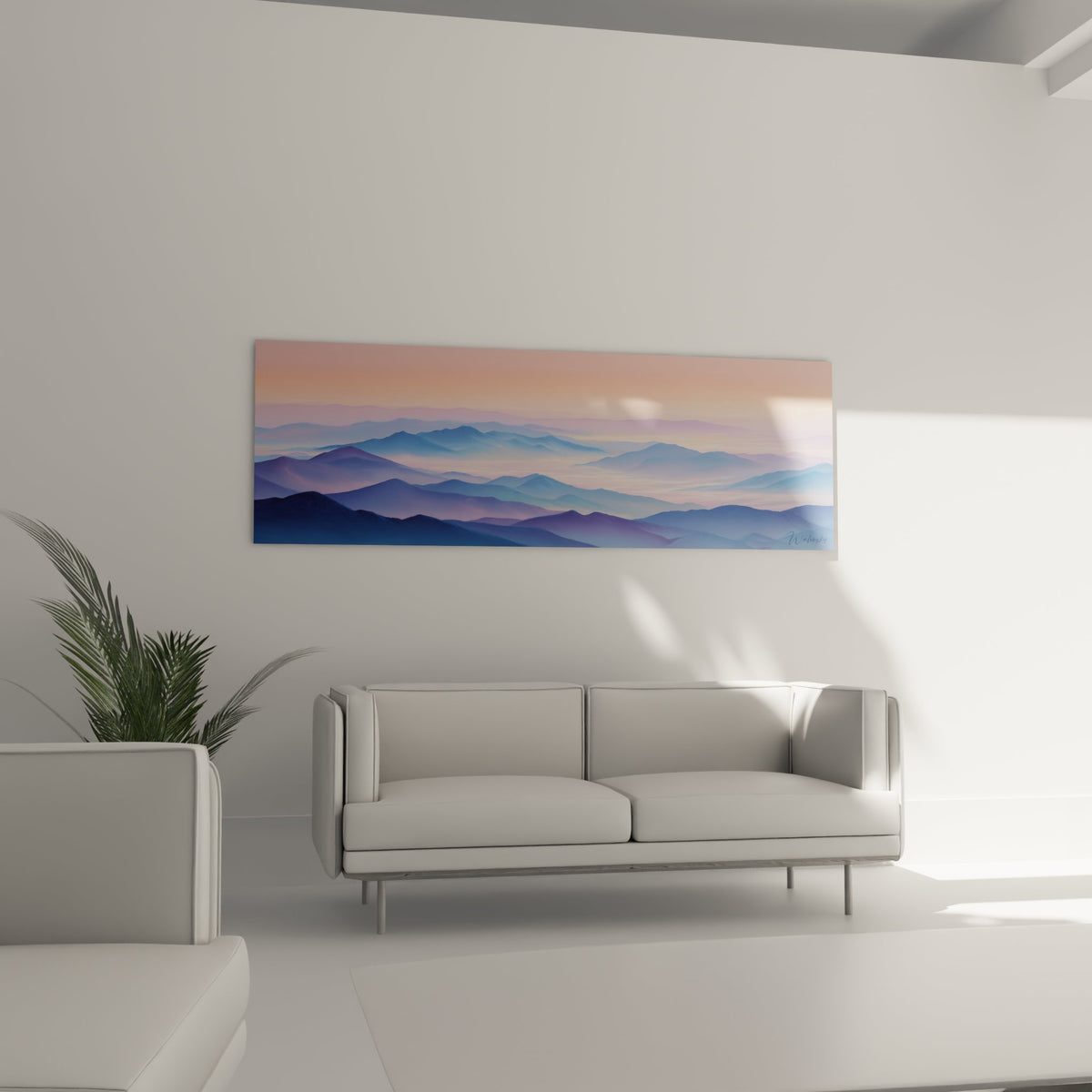 Détail tableau montagnes Pyrénées effet brume dégradé couleurs pastel bleu rose texture peinture