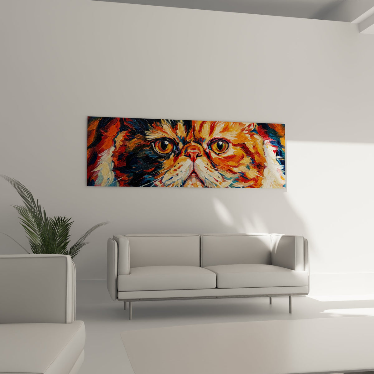 Détail rapproché tableau chat Exotic Shorthair, yeux dorés expressionnistes, technique peinture colorée moderne