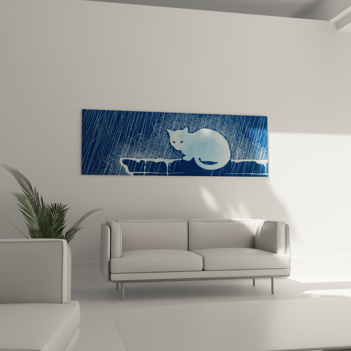 Detail tableau chat Korat yeux pergants sous pluie, technique artistique lignes blanches sur fond bleu