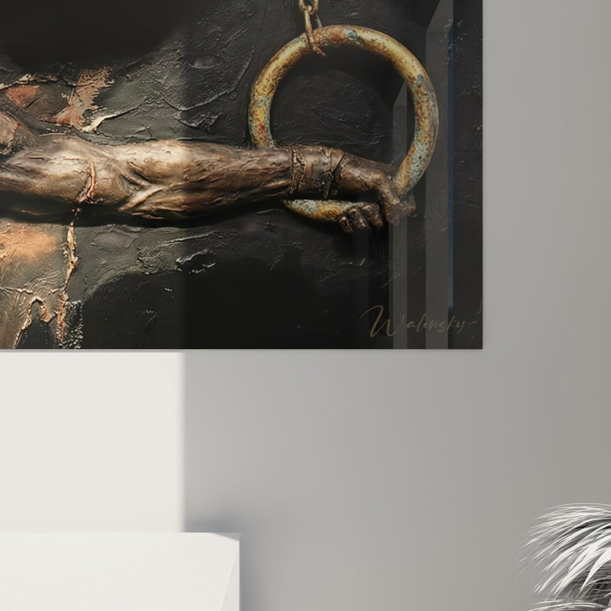 Vue d'ensemble du tableau mural gymnaste anneaux dans un intérieur contemporain, art décoratif sportif