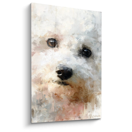 Portrait impressionniste Bichon Frisé tons beiges roses poudrés regard expressif yeux sombres tableau mural